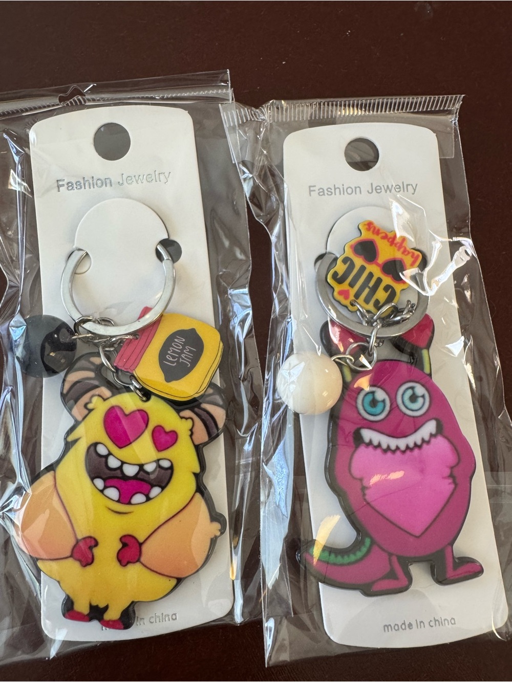 Bright Yellow and Hot Pink Kids Monster Keychains